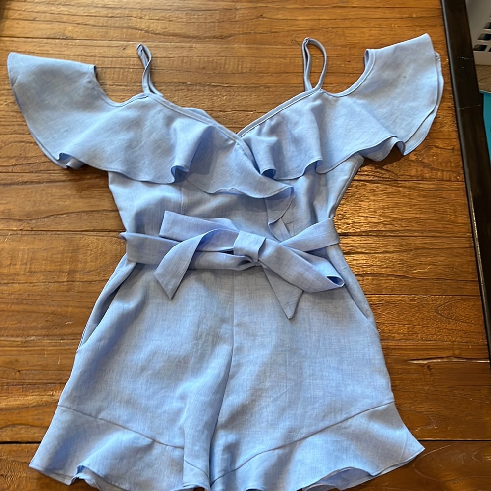blue off the shoulder romper